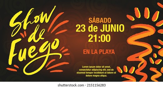 Fire show, San Juan night, 23 of June horizontal banner or flyer template in Spanish language with abstract firework clipart and modern calligraphy text on the dark background. 