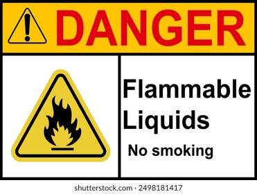 Fire sign. Flammable combustible materials. Fuel fire hazard. Do not smoke near diesel, petrol, gas. Warning of fire hazard and the need to observe safety measures. Flammable materials work area.