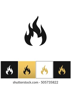 Fire sign, flammable wildfire or hot vector icons on black, white and gold backgrounds