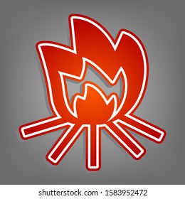 Fire sign. Flat red icon with linear white icon with gray shadow at grayish background. Illustration.