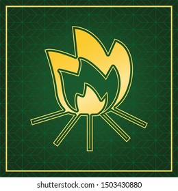Fire sign. Golden icon with gold contour at dark green gridded  background. Illustration.