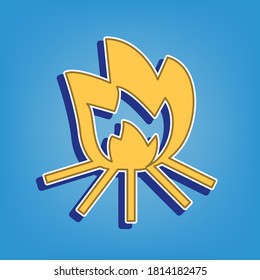 Fire sign. Golden Icon with White Contour at light blue Background. Illustration.