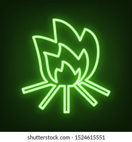 Fire sign. Green neon icon in the dark. Blurred lightening. Illustration.