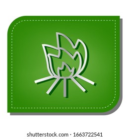 Fire sign. Silver gradient line icon with dark green shadow at ecological patched green leaf. Illustration.