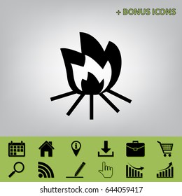 Fire sign. Vector. Black icon at gray background with bonus icons 