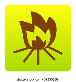 Fire sign. Vector. Brown icon at green-yellow gradient square with rounded corners on white background. Isolated.