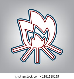 Fire sign. Vector. Dark red, transparent and midnight green stroke of white icon at grayish background.