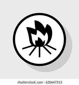 Fire sign. Vector. Flat black icon in white circle with shadow at gray background.