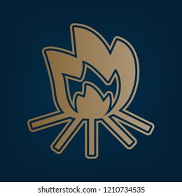 Fire sign. Vector. Golden icon and border at dark cyan background.