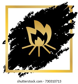 Fire sign. Vector. Golden icon at black spot inside golden frame on white background.