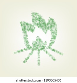 Fire sign. Vector. Green hexagon rastered icon and noised opacity and size at light green background with central light.