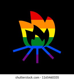 Fire sign. Vector. Icon with colors of LGBT flag at black background.