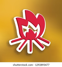 Fire sign. Vector. Magenta icon with darker shadow, white sticker and black popart shadow on golden background.