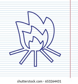 Fire sign. Vector. Navy line icon on notebook paper as background with red line for field.