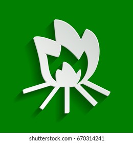 Fire sign. Vector. Paper whitish icon with soft shadow on green background.