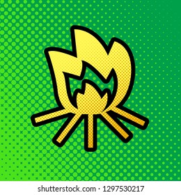 Fire sign. Vector. Pop art orange to yellow dots-gradient icon with black contour at greenish background.