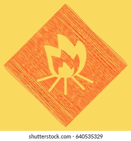 Fire sign. Vector. Red scribble icon obtained as a result of subtraction rhomb and path. Royal yellow background.