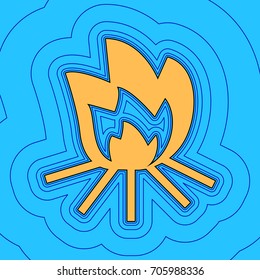 Fire sign. Vector. Sand color icon with black contour and equidistant blue contours like field at sky blue background. Like waves on map - island in ocean or sea.