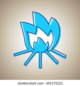 Fire sign. Vector. Sky blue icon with defected blue contour on beige background.