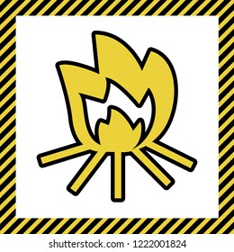 Fire sign. Vector. Warm yellow icon with black contour in frame named as under construction at white background. Isolated.