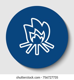 Fire sign. Vector. White contour icon in dark cerulean circle at white background. Isolated.