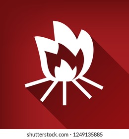 Fire sign. Vector. White icon with limitless shadow at ruby red background.