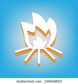 Fire sign. Vector. White icon with 3d warm-colored gradient body at sky blue background.