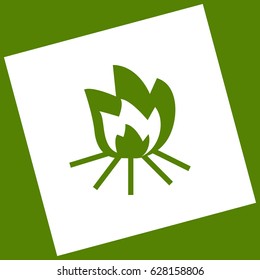 Fire sign. Vector. White icon obtained as a result of subtraction rotated square and path. Avocado background.