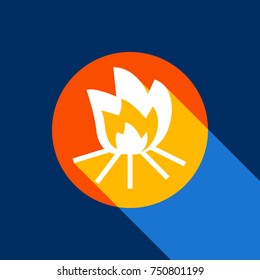 Fire sign. Vector. White icon on tangelo circle with infinite shadow of light at cool black background. Selective yellow and bright navy blue are produced.
