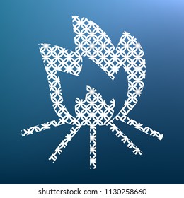 Fire sign. Vector. White textured icon at lapis lazuli gradient background.