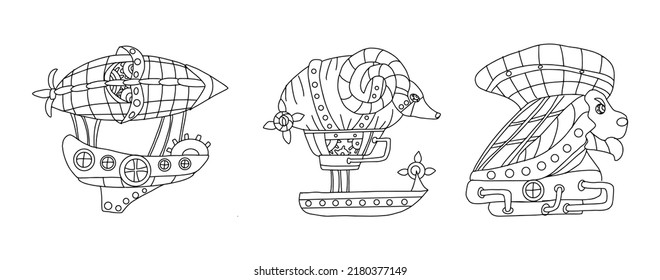 Fire signs Aries, Leo, Sagittarius. Zodiac signs in the form of airship icons in steampunk style. Zodiac set of astrological elements in steampunk style, hand-drawn in linear doodle style.