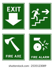 Fire signs. Common fire signs. Emergency exit and actions in case of fire. EPS 10.