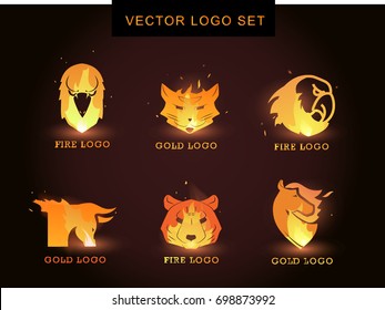 Fire silhouette of animal head logo. Vector   logo of bull, tiger, cat, eagle, horse with fire effect