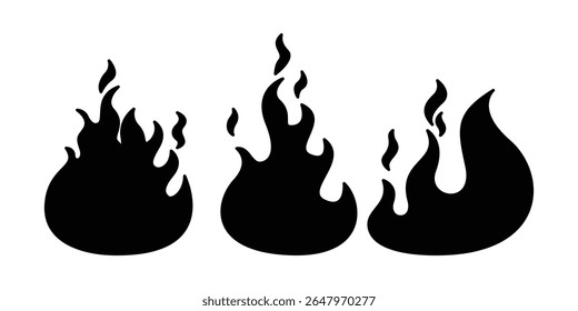 Fire Silhouette Clipart Pack, 3 Flame Icons for Print and Digital Design.