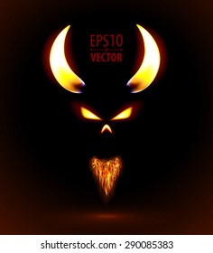 Fire silhouette of devil. Fire devil face on black background.  Halloween concept vector illustration. 