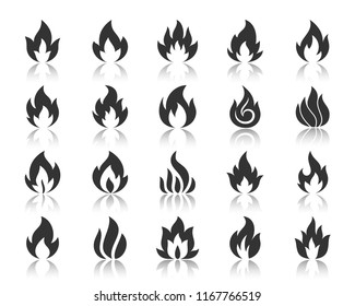 Fire silhouette icons set. Monochrome web sign kit of bonfire. Flame pictogram collection includes combustion fuel, candlelight, template. Simple vector black symbol. Fire shape icon with reflection