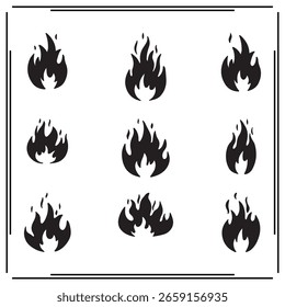 Feuersilhouetten-Kollektion - 9 schwarze Flammensymbole für Illustrationen, Logos und Designelemente zu Feuer, Wärme und Energie