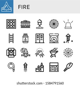 fire simple icons set. Contains such icons as Tent, Stove, Coal, Rocket, Marshmallow, Emergency, Ladder, Gas bottle, Emergency exit, Fireplace, can be used for web, mobile and logo