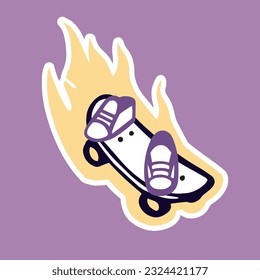 Fire skateboard ride, sneakers, fast speed, t-shirt illustration, icon, vector simple cartoon style with stroke.