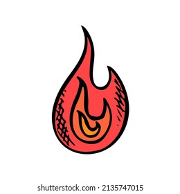 Fire sketch hand drawn icon for design. Flame symbol, spicy hot element. Danger symbol