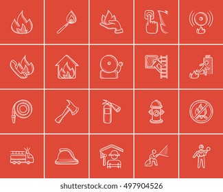 Fire sketch icon set for web, mobile and infographics. Hand drawn fire icon set. Fire vector icon set. Fire icon set isolated on red background.