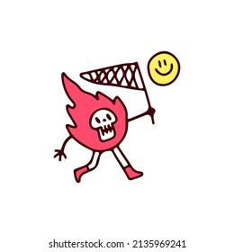 Fire skull catching smile emoji mascot character, illustration for t-shirt, street wear, sticker, or apparel merchandise. With retro, and cartoon style.