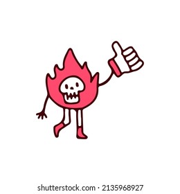 Fire skull character holding like button, illustration for t-shirt, street wear, sticker, or apparel merchandise. With retro, and cartoon style.