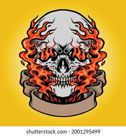 Fire Skull Hand Drawn with Banner Vector illustrations for your work Logo, mascot merchandise t-shirt, stickers and Label designs, poster, greeting cards advertising business company or brands.