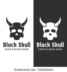 Fire skull head logo with horns, warrior, dark,strong, tattoo,vintage logo.