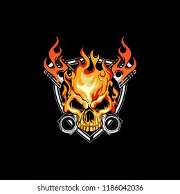 fire skull head with piston badge logo vector template