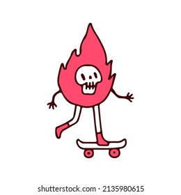 Fire skull mascot character riding skateboard, illustration for t-shirt, street wear, sticker, or apparel merchandise. With retro, and cartoon style.