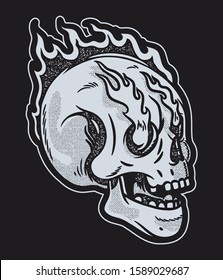 Fire Skull Stamp white on black background