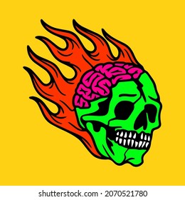 fire skull vector with brain