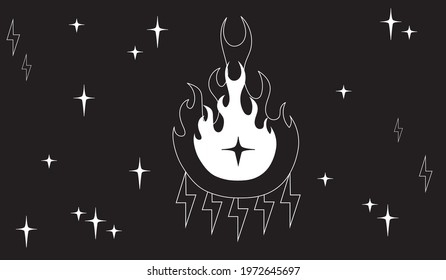 Fire In The Sky Flat Design Vector Illustration. Flames In A Starry Night With Lightning Bolts. 2D Cartoon Japanese Anime Style Hand Drawn Drawing. Aesthetic Style Background. Tattoo Inspiration.